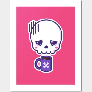 Dead inside, but caffeinated - kawaii skull with coffee cup (white outline) Posters and Art